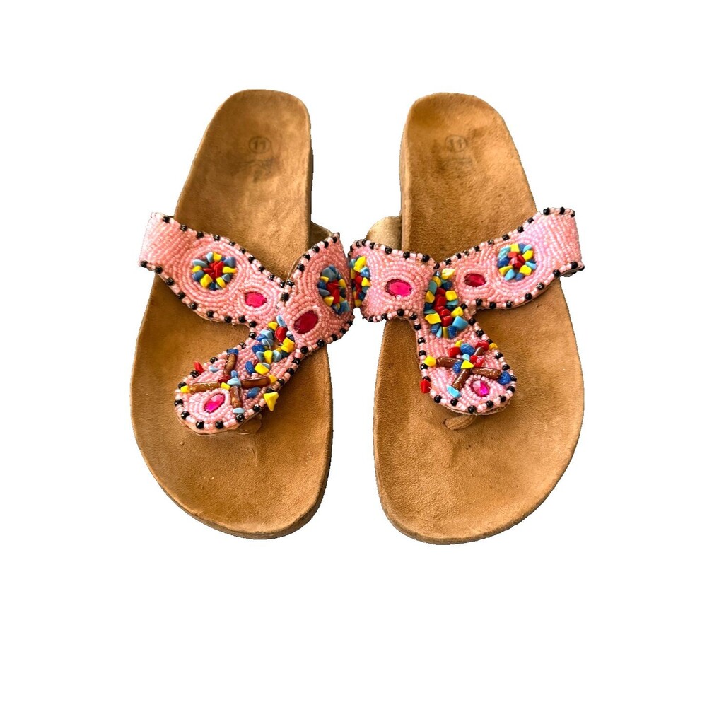 New Vintage Kuose Colorful Bead Embroidered Thong Sandals Size 11